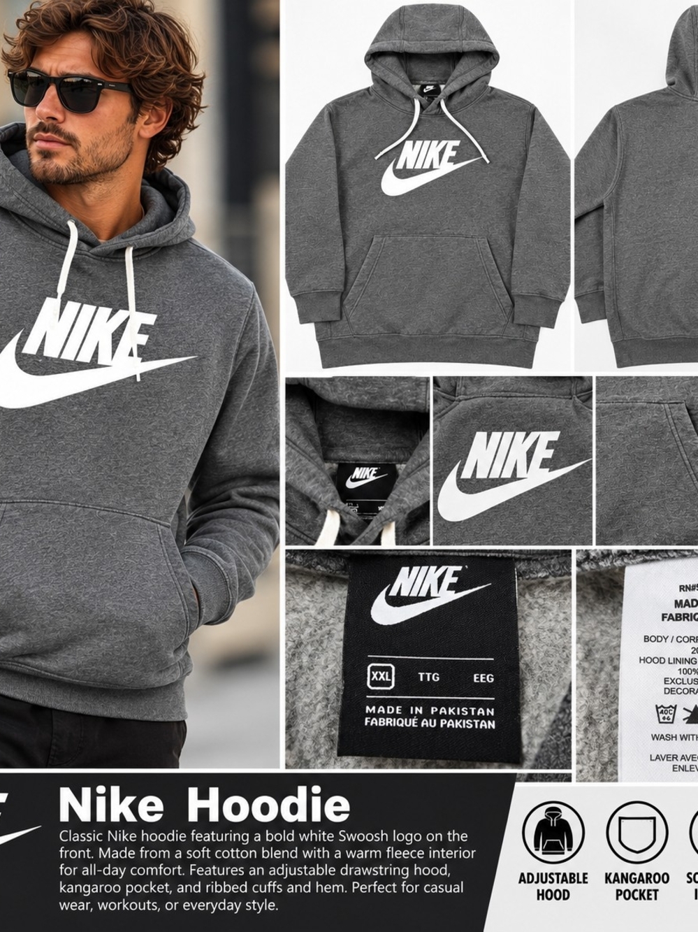 Nike Charcoal Gray Pullover Hoodie with White Swoosh XXL